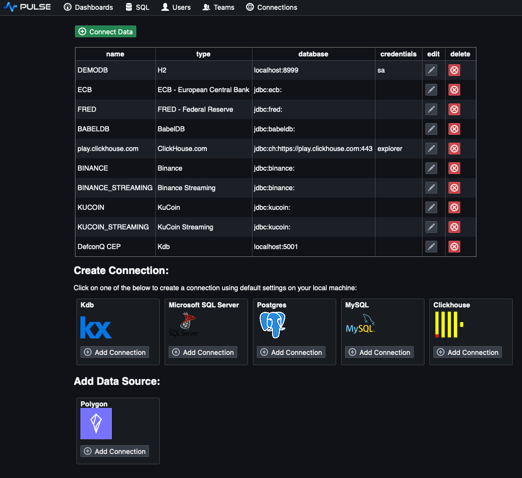DefconQ Trading Hub Dashboard - Pulse Add Connection