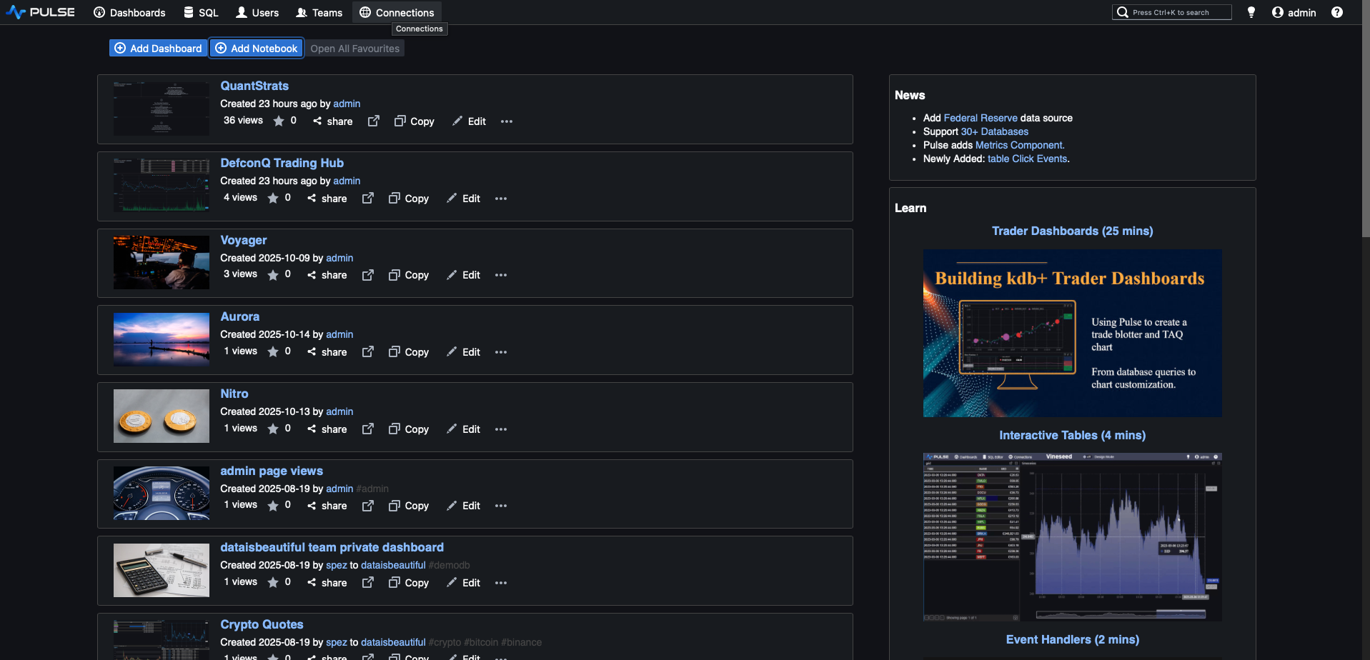 DefconQ Trading Hub Dashboard - Pulse Landing Page